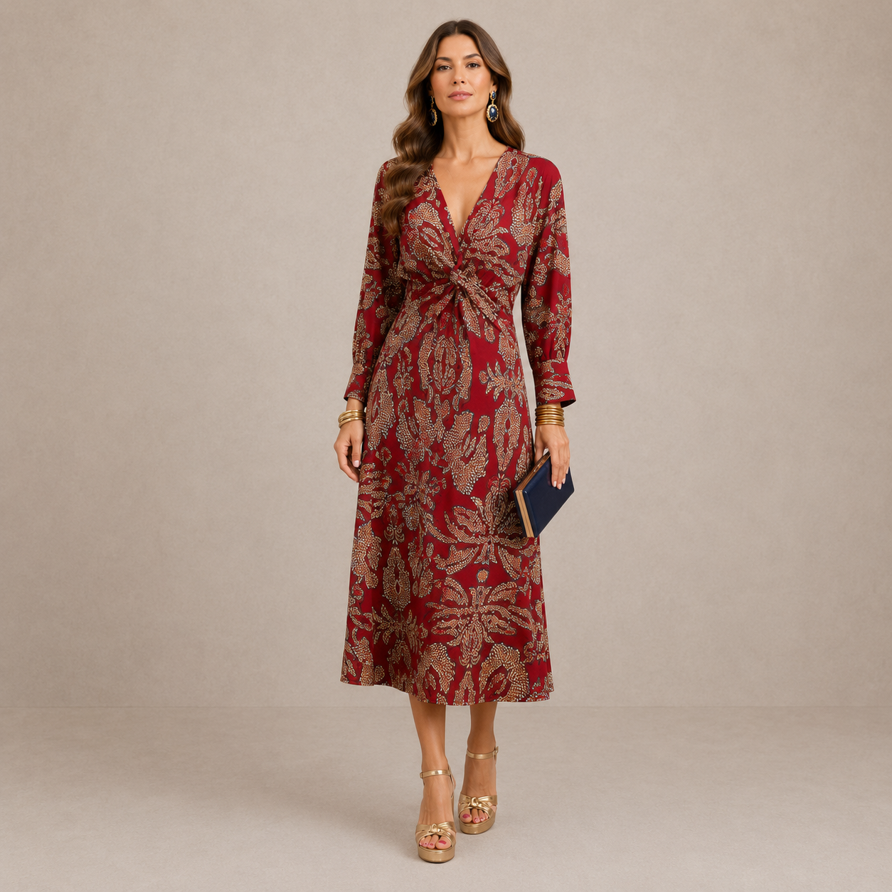 Women's V-Neck Midi Dress with Waist Tie