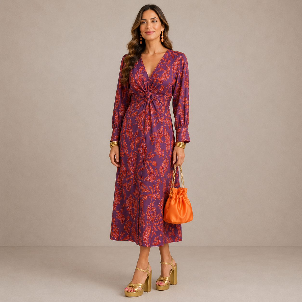 Women's V-Neck Midi Dress with Waist Tie