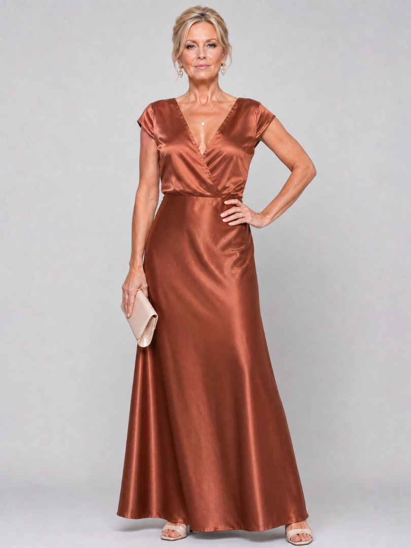 Women's V-Neck Wrap Maxi Dress with Cap Sleeves