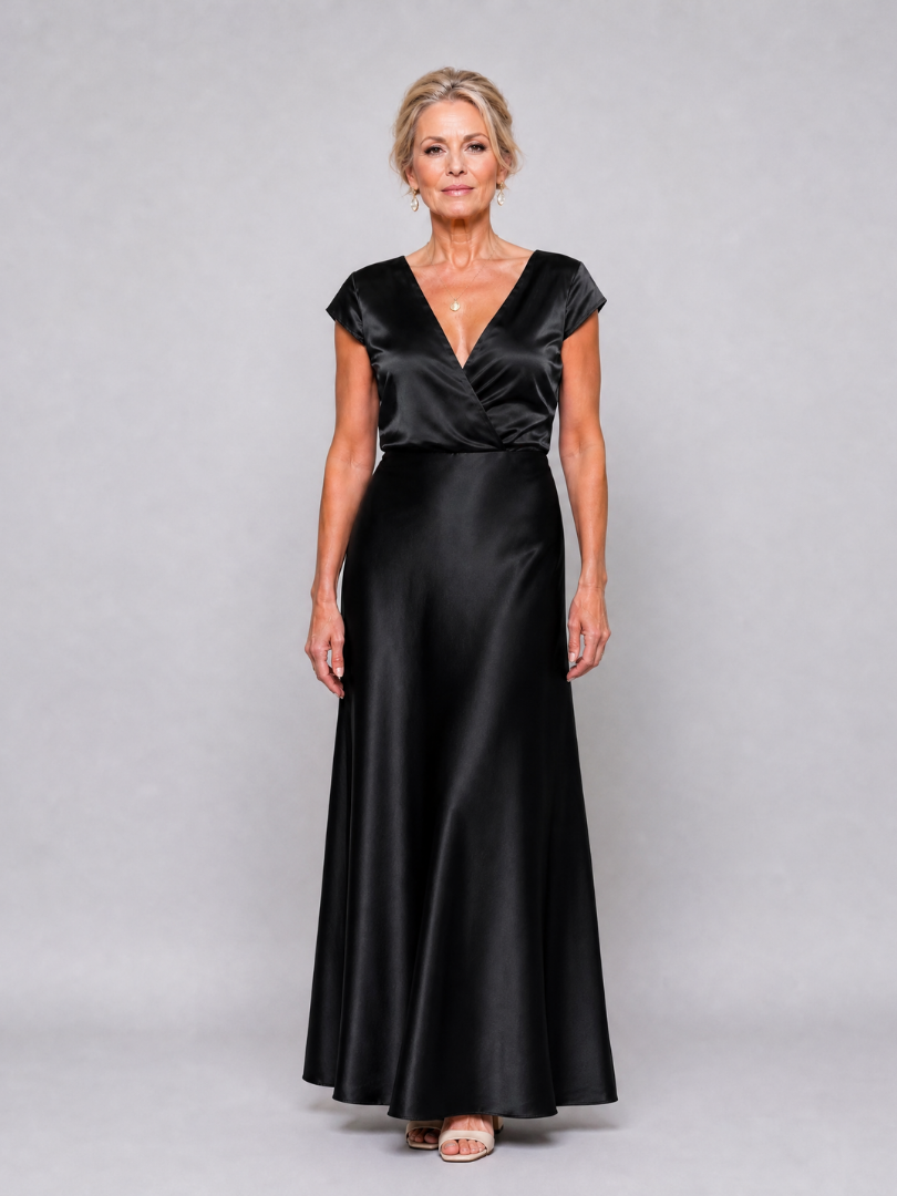 Women's V-Neck Wrap Maxi Dress with Cap Sleeves