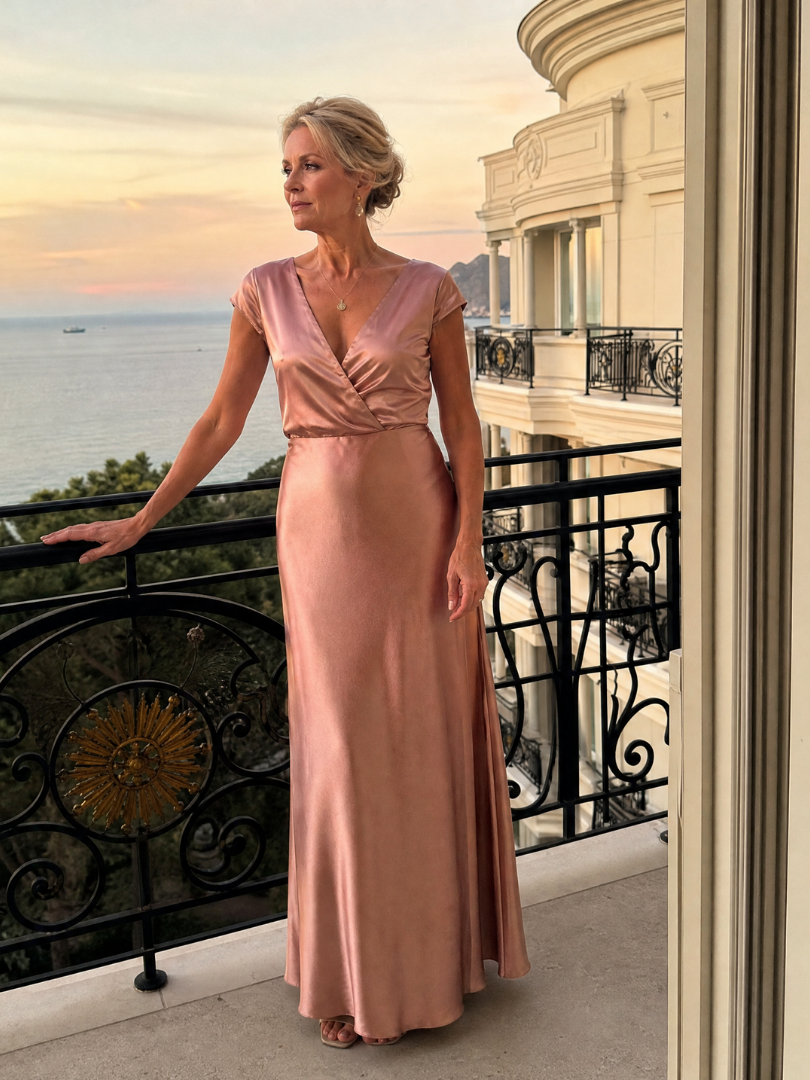 Women's V-Neck Wrap Maxi Dress with Cap Sleeves