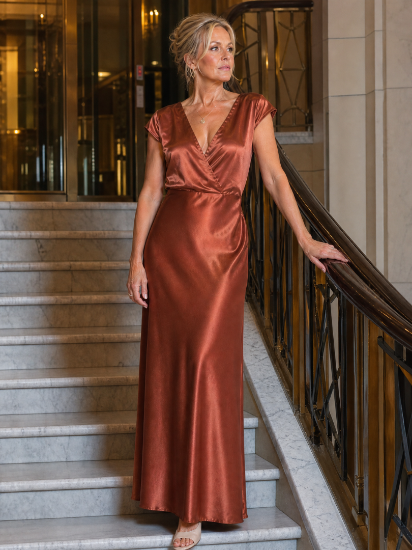 Women's V-Neck Wrap Maxi Dress with Cap Sleeves