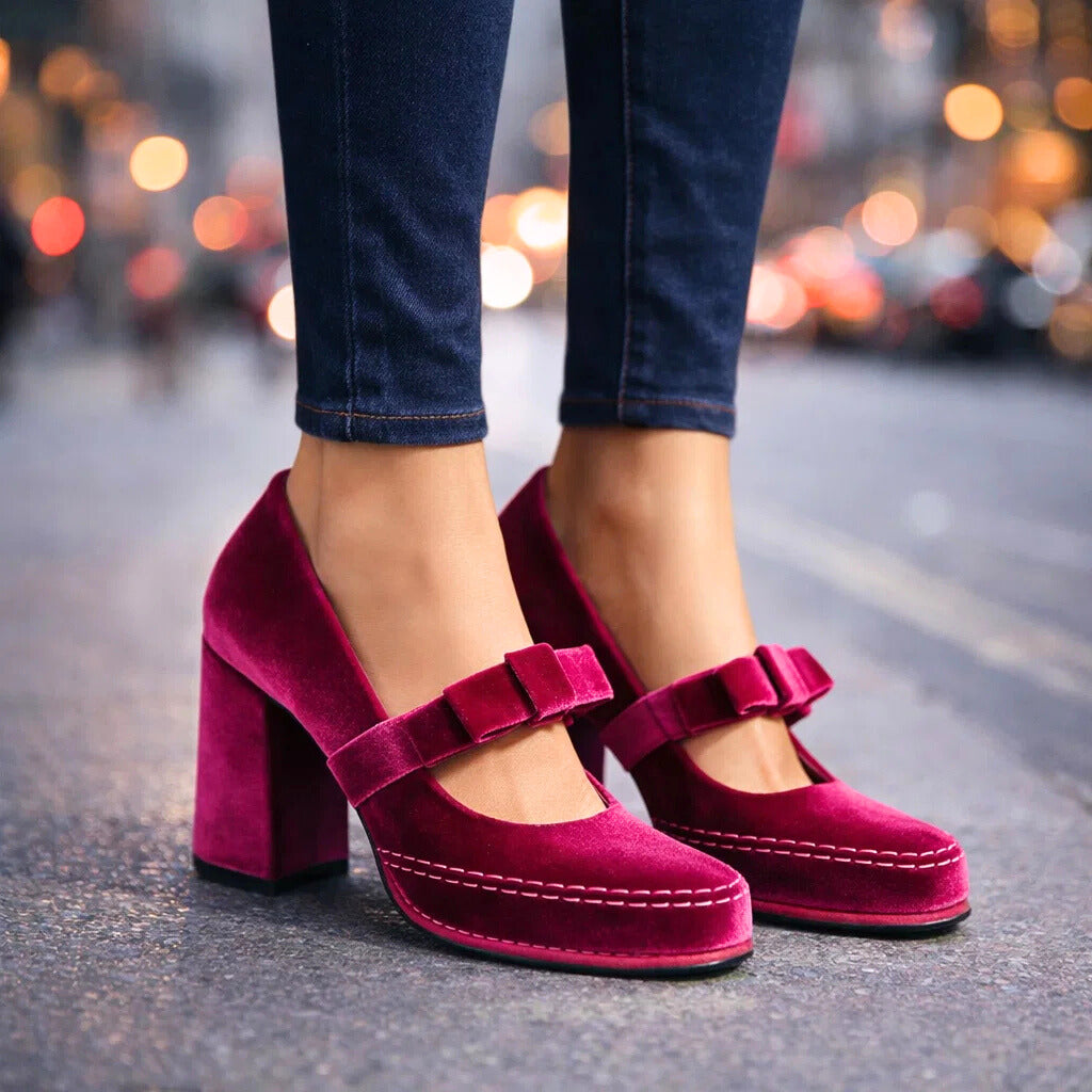 Women's Velvet Mary Jane Pumps with Block Heel