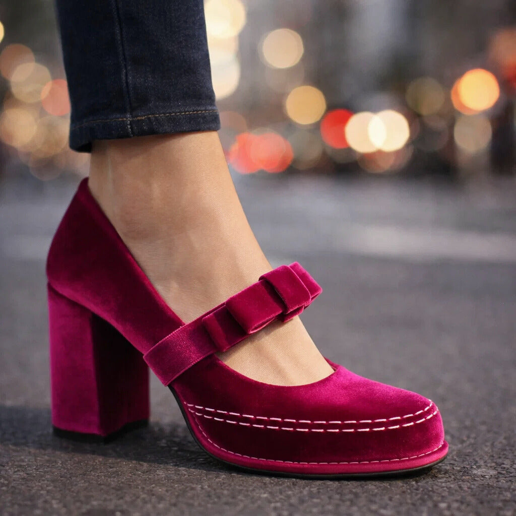 Women's Velvet Mary Jane Pumps with Block Heel