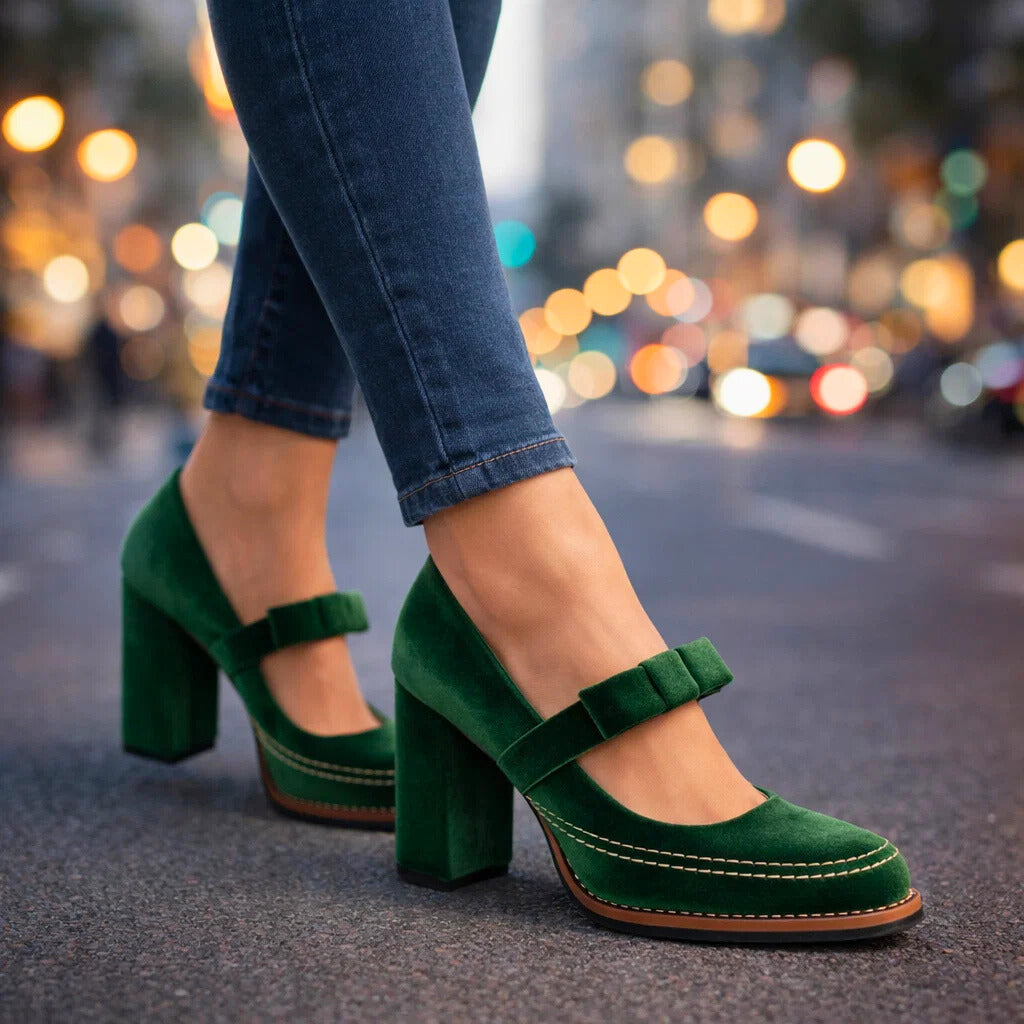 Women's Velvet Mary Jane Pumps with Block Heel