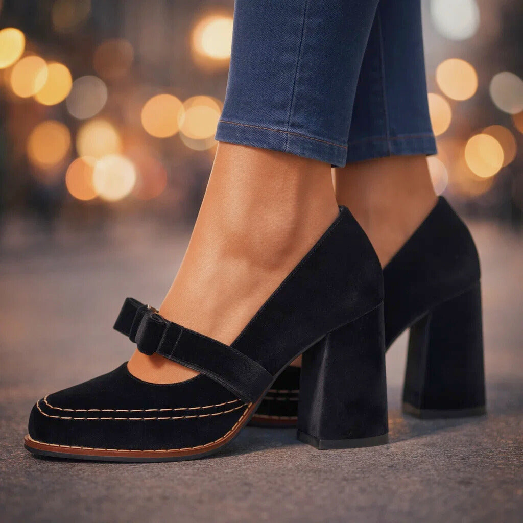 Women's Velvet Mary Jane Pumps with Block Heel
