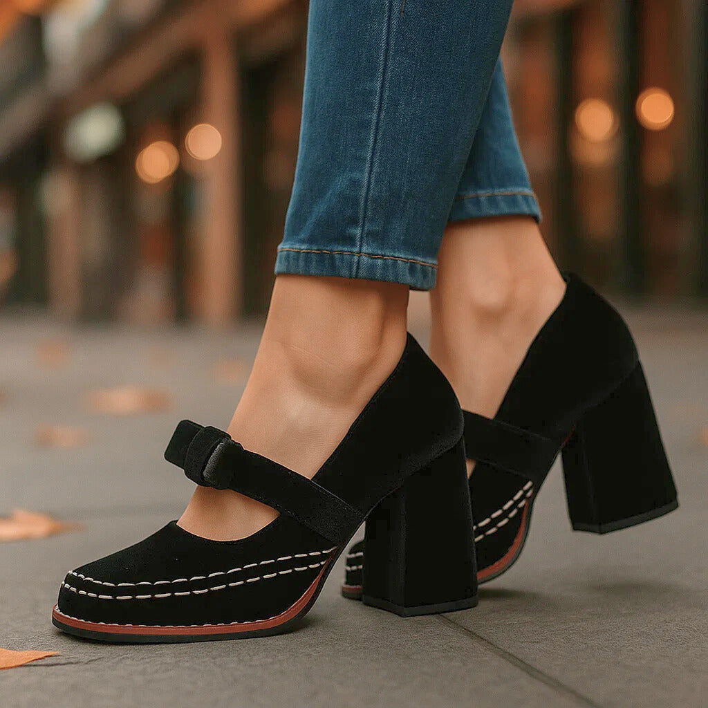 Women's Velvet Mary Jane Pumps with Block Heel