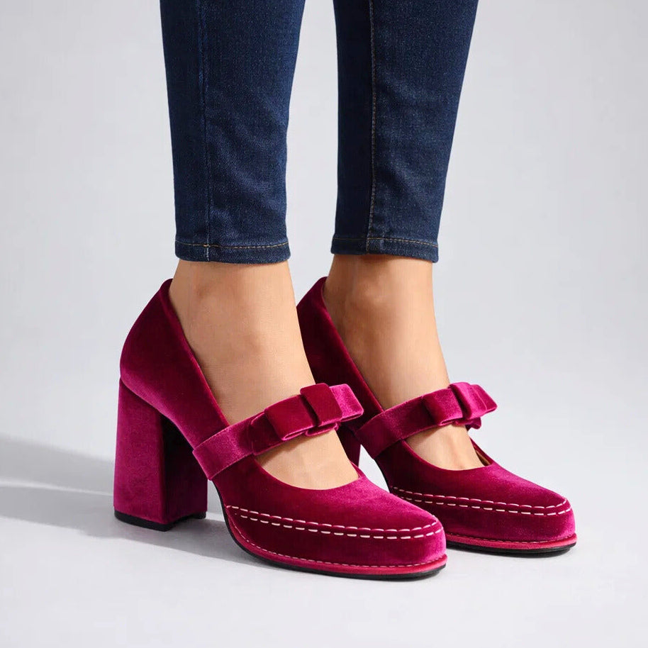 Women's Velvet Mary Jane Pumps with Block Heel