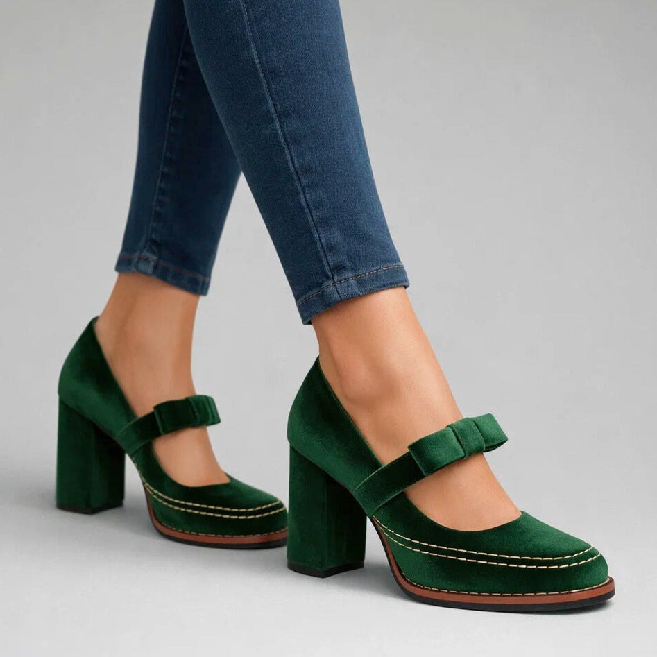 Women's Velvet Mary Jane Pumps with Block Heel