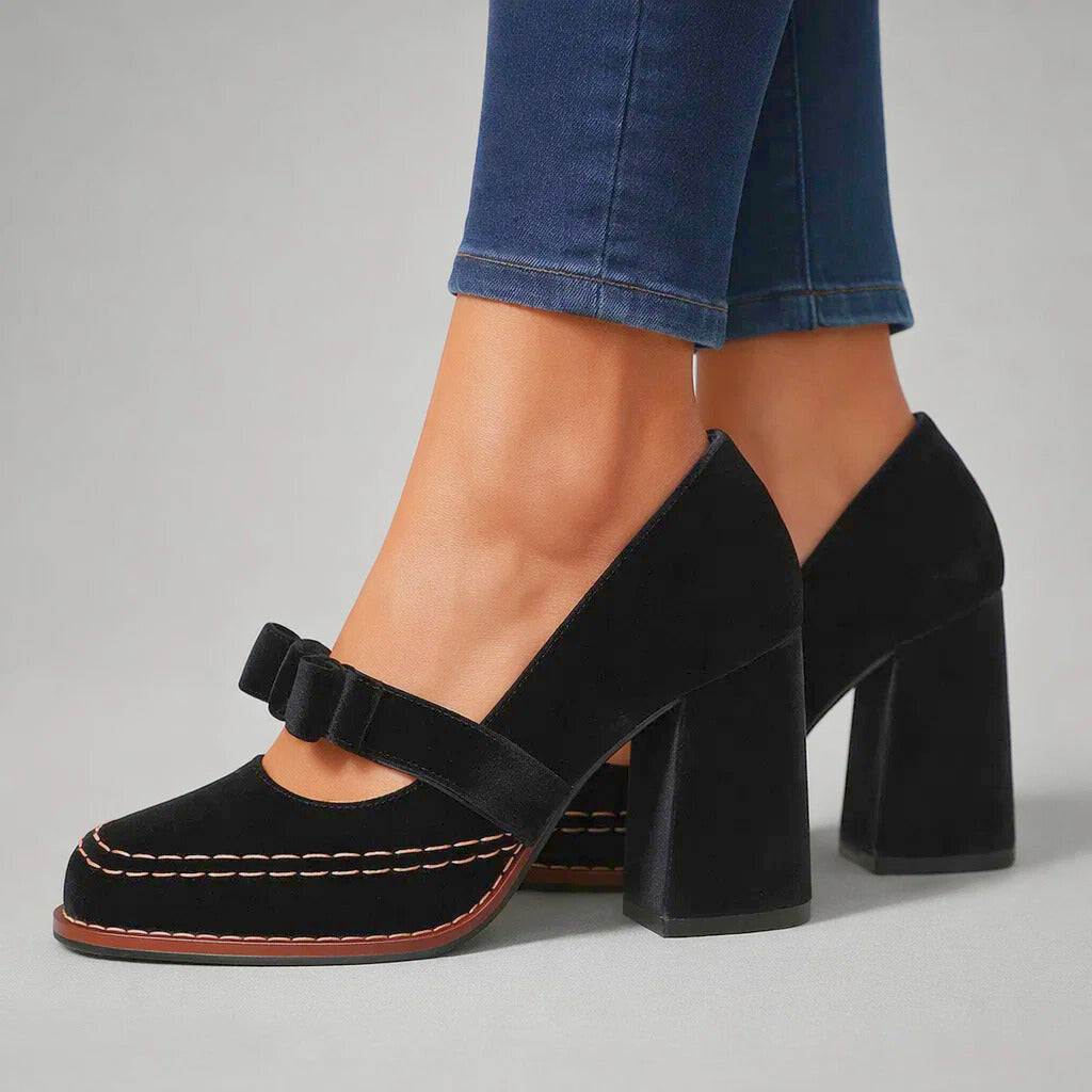Women's Velvet Mary Jane Pumps with Block Heel