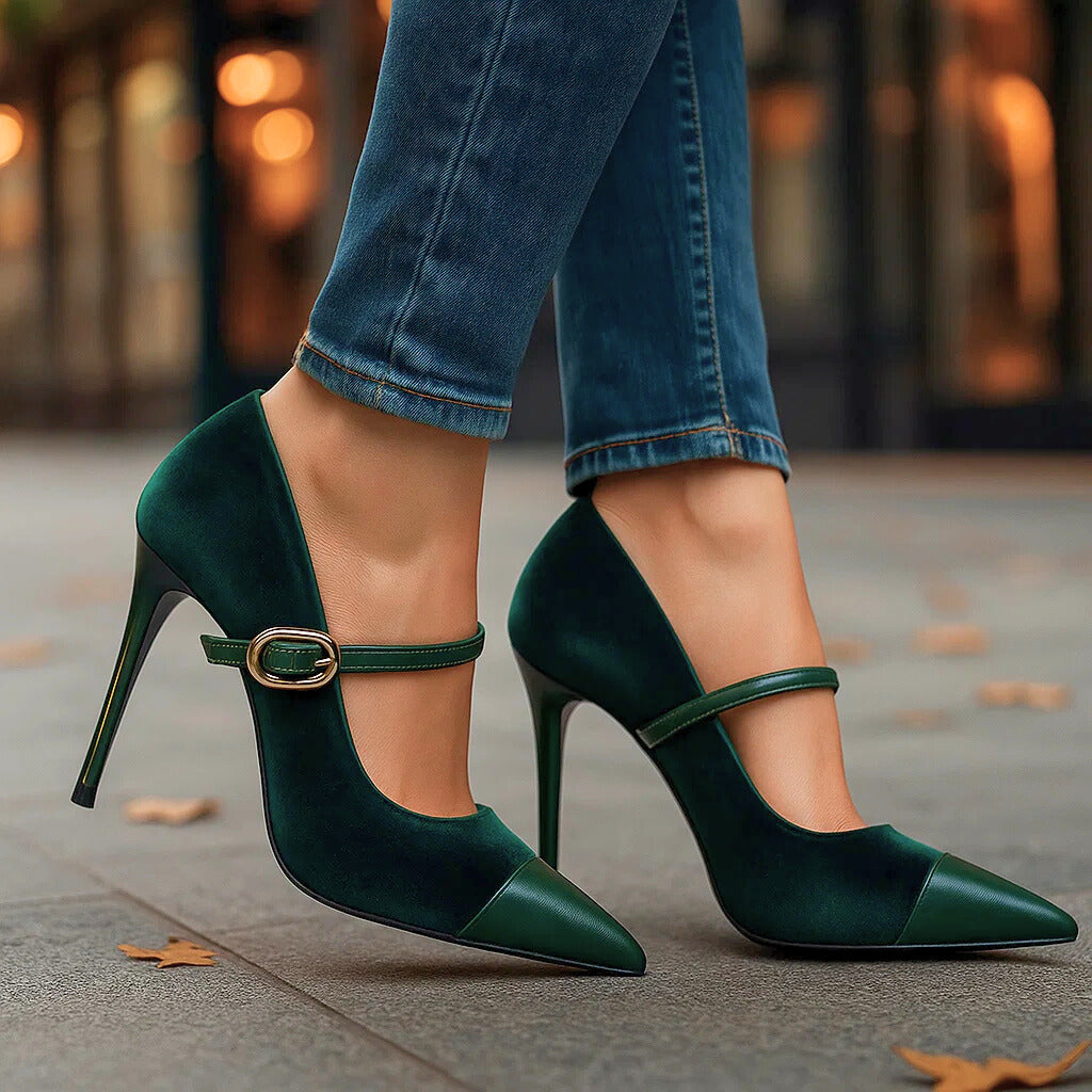 Women's Velvet Pumps with Pointed Toe and Sculpted Heel