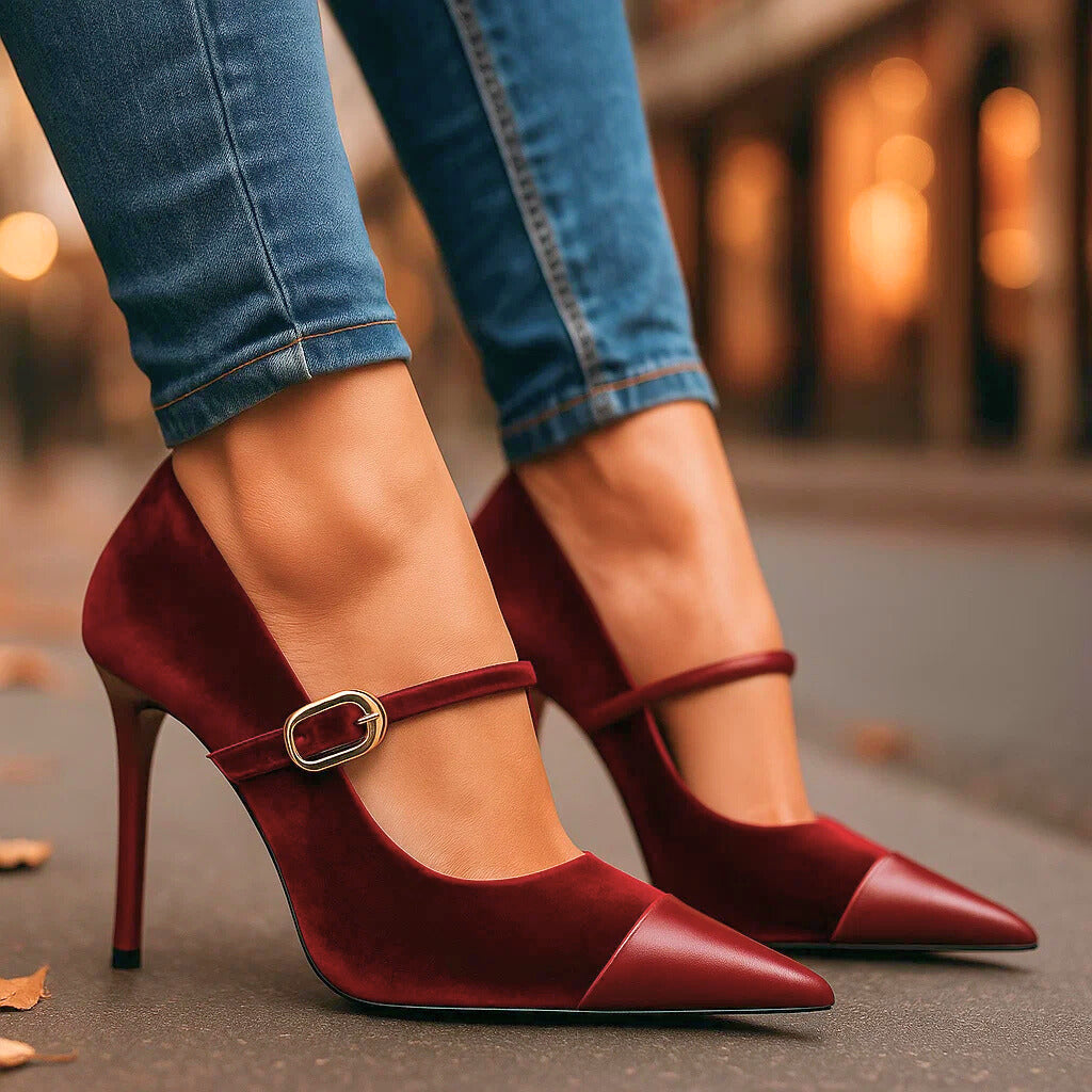 Women's Velvet Pumps with Pointed Toe and Sculpted Heel