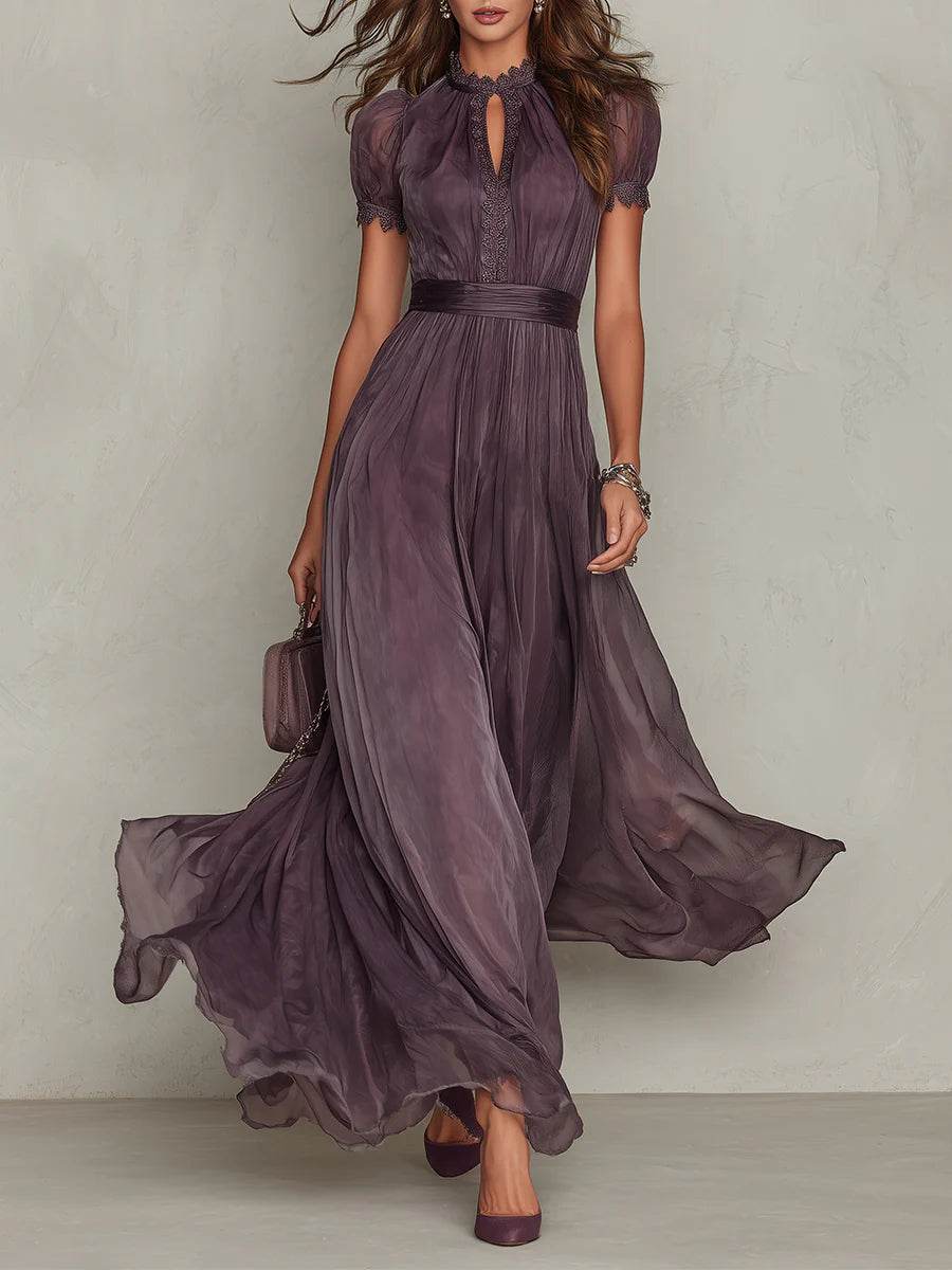 Women's Vintage Flow Midi Dress with Elegant Neckline