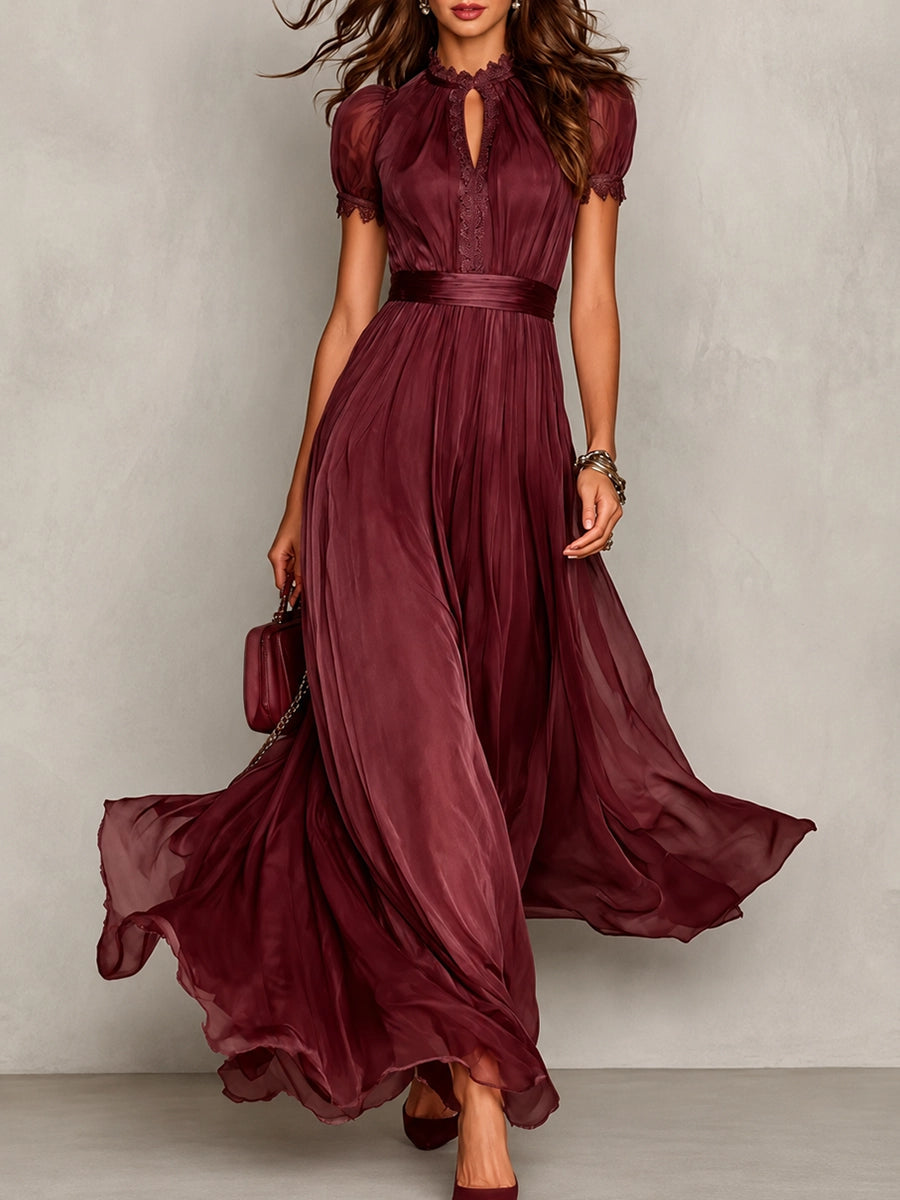 Women's Vintage Flow Midi Dress with Elegant Neckline