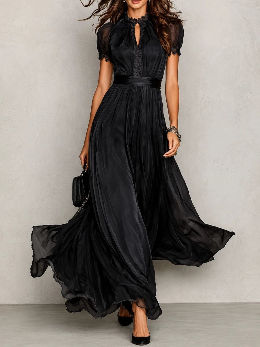 Women's Vintage Flow Midi Dress with Elegant Neckline