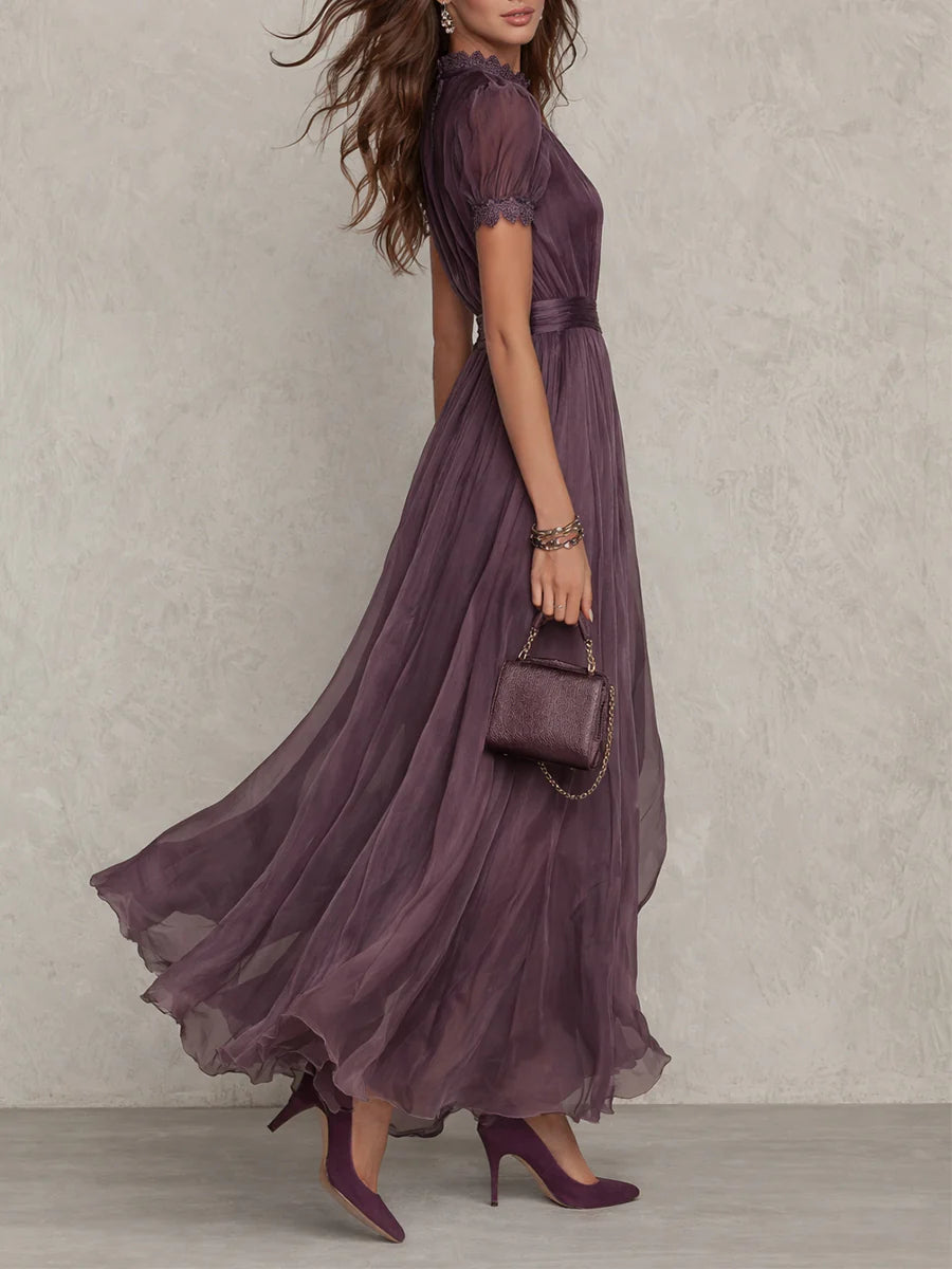 Women's Vintage Flow Midi Dress with Elegant Neckline