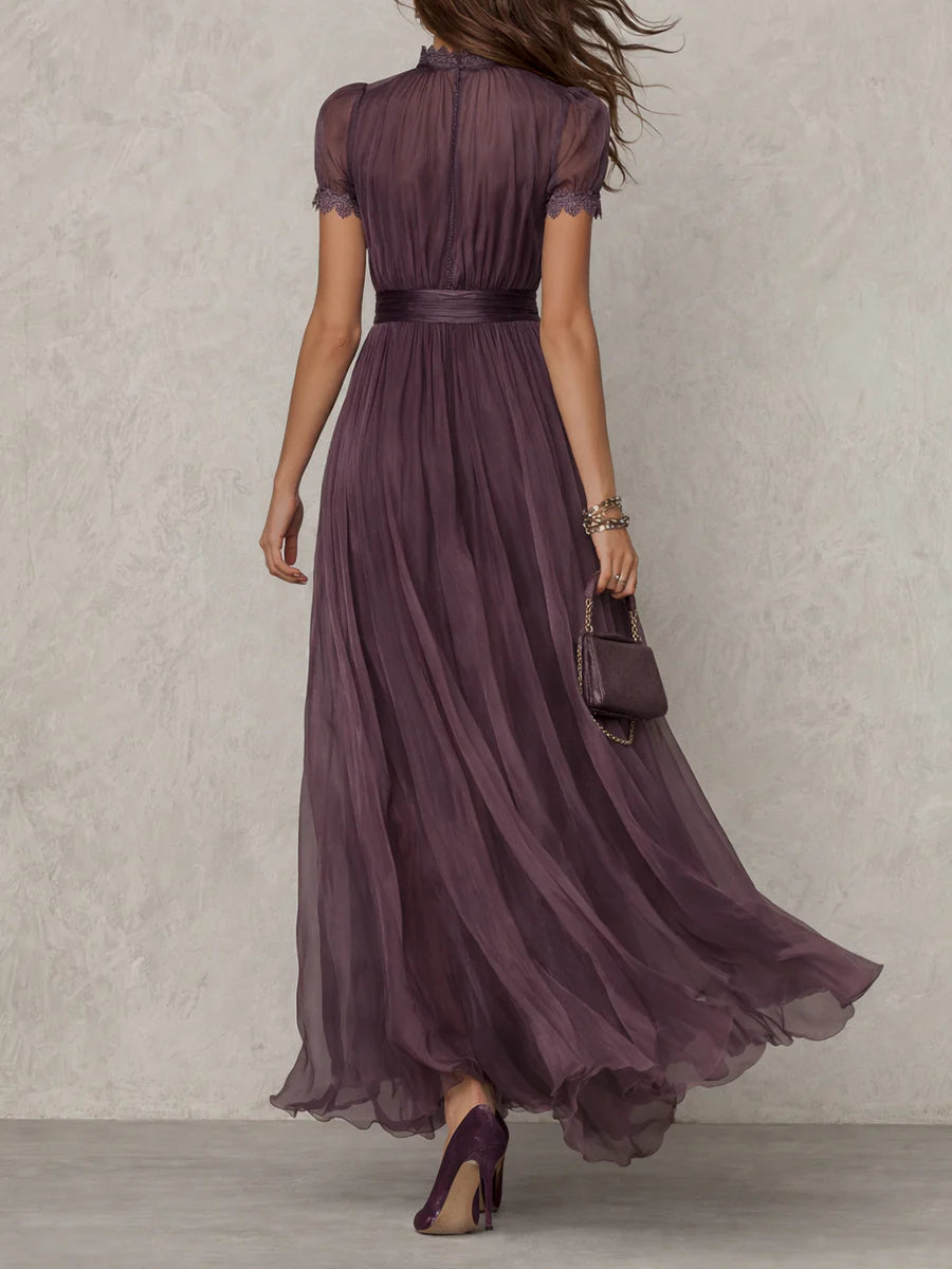 Women's Vintage Flow Midi Dress with Elegant Neckline