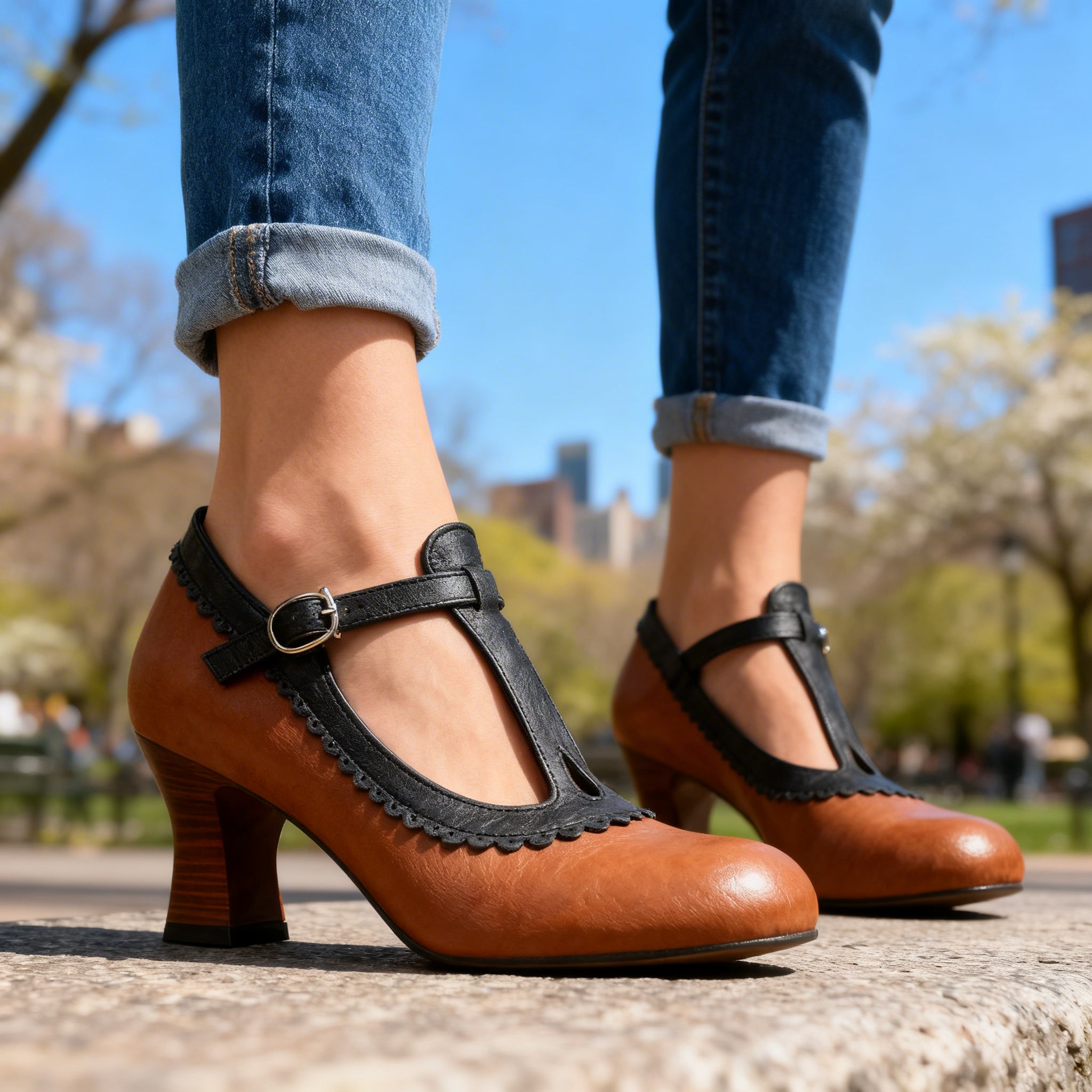 Women's Vintage T-Strap Slippers with Wavy Trim