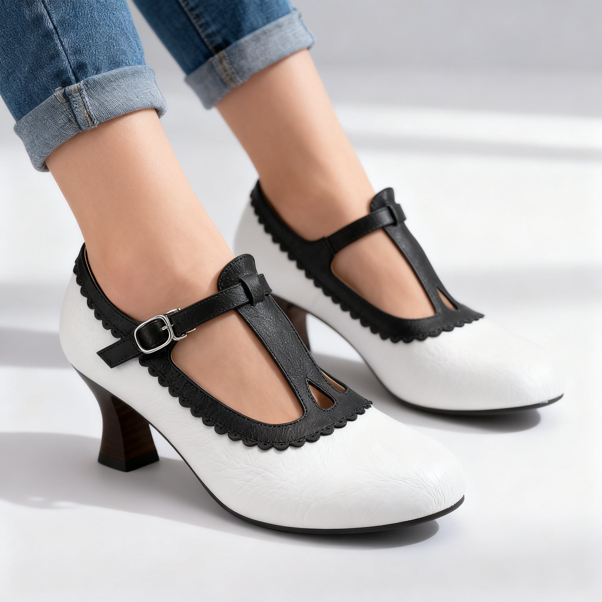Women's Vintage T-Strap Slippers with Wavy Trim