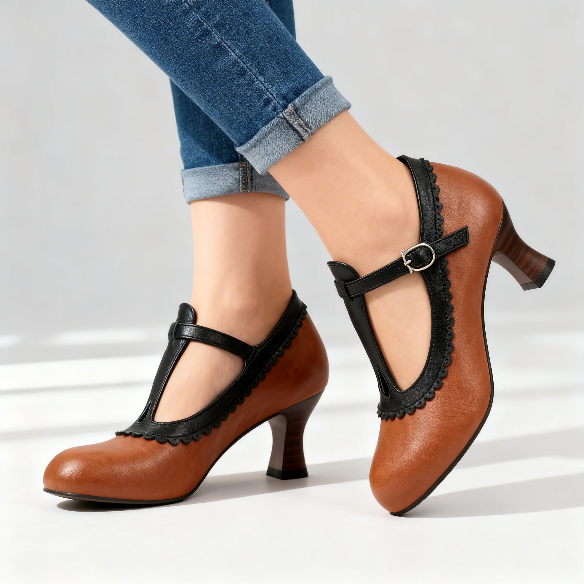 Women's Vintage T-Strap Slippers with Wavy Trim