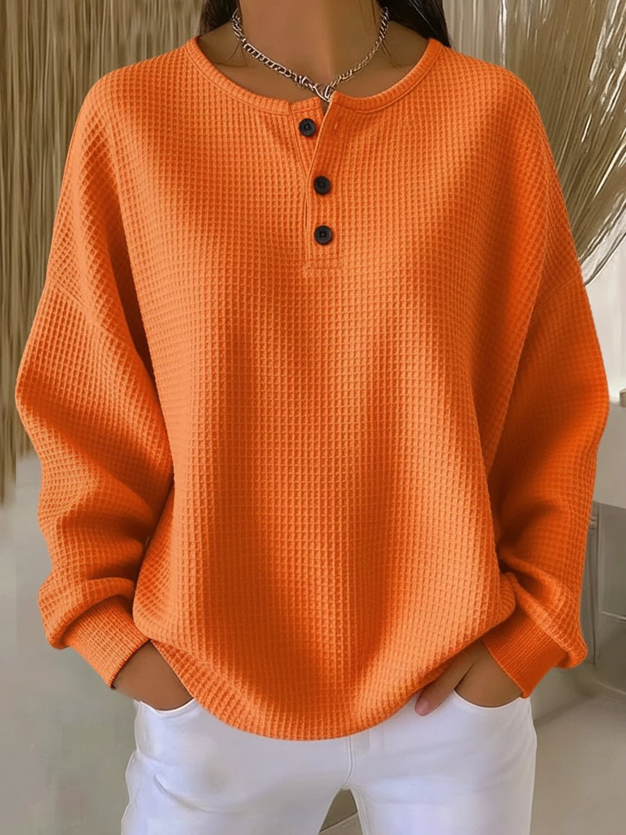 Women's Waffle Knit Oversized Sweatshirt with Henley Neckline