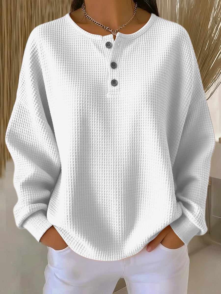 Women's Waffle Knit Oversized Sweatshirt with Henley Neckline