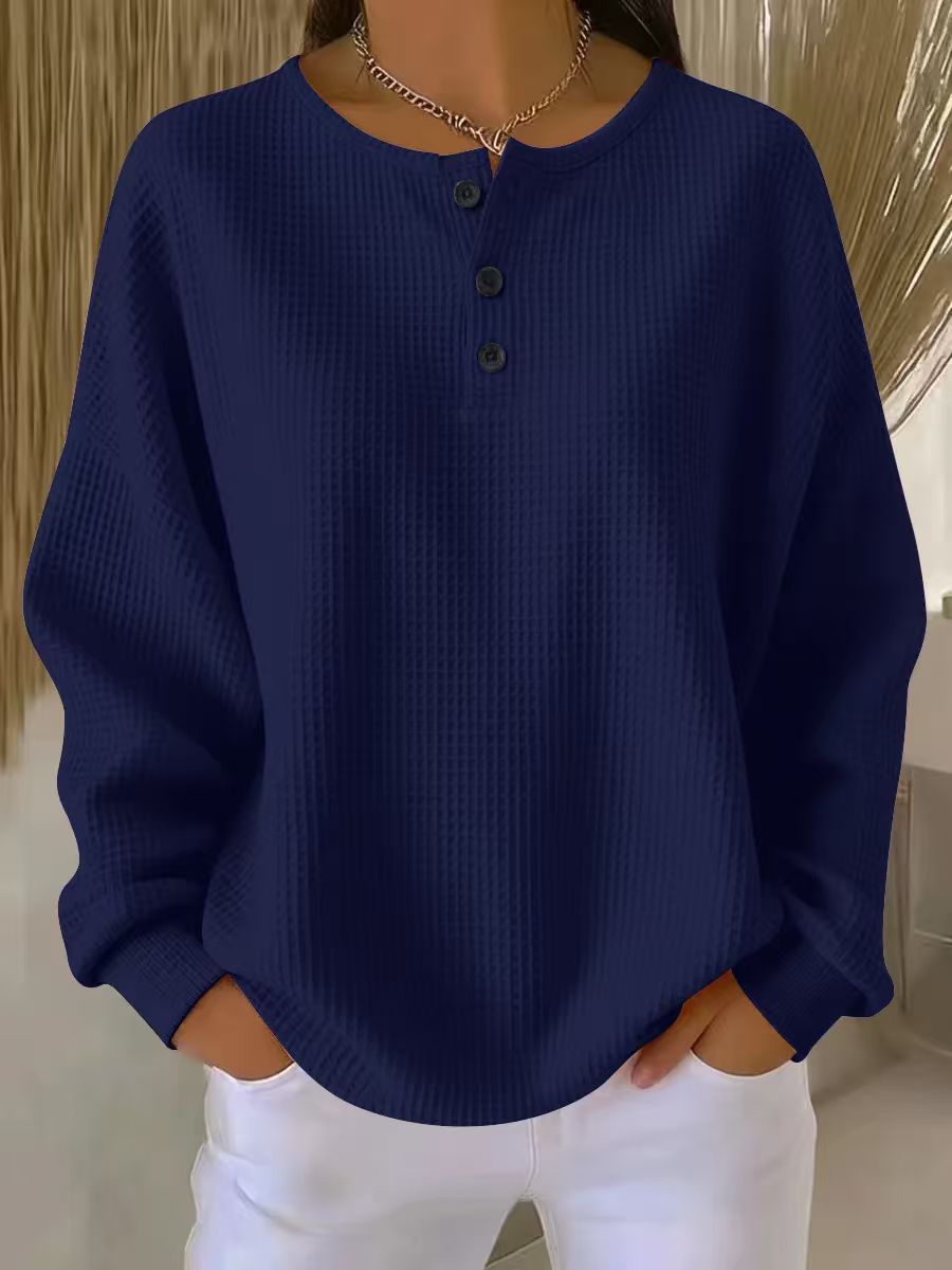 Women's Waffle Knit Oversized Sweatshirt with Henley Neckline