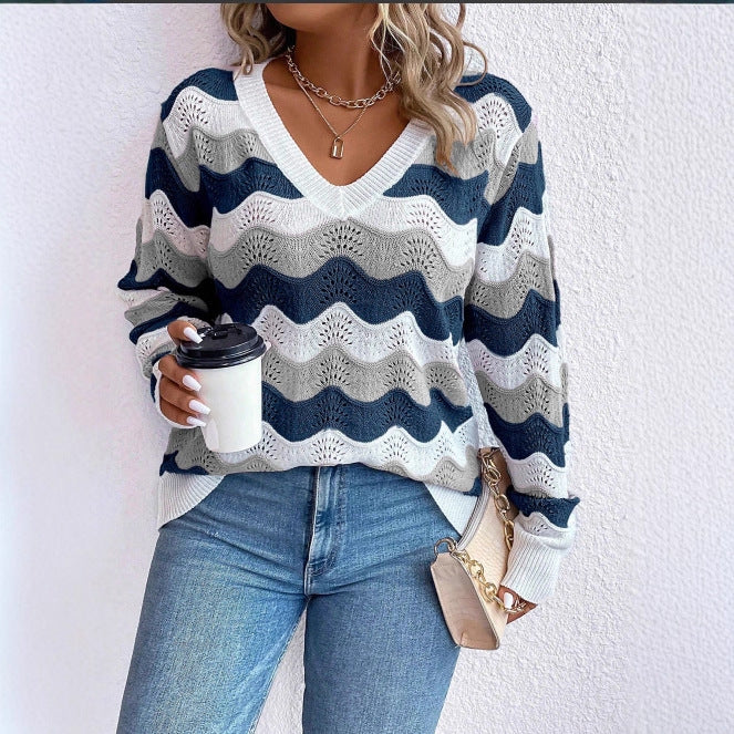 Women's Wave Pattern Long Sleeve Knit Sweater