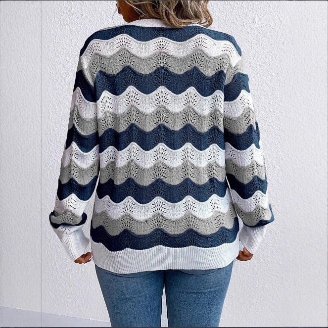 Women's Wave Pattern Long Sleeve Knit Sweater