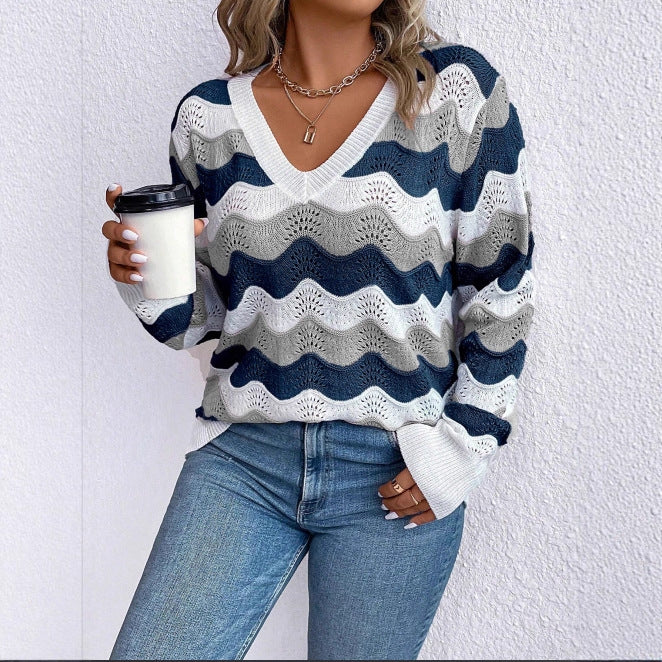 Women's Wave Pattern Long Sleeve Knit Sweater