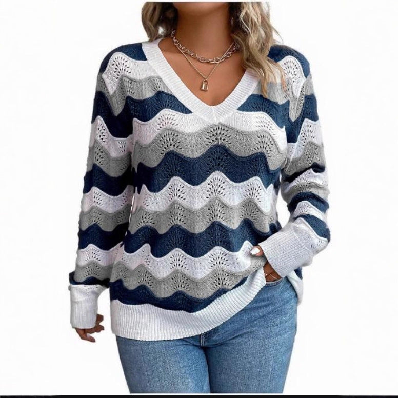 Women's Wave Pattern Long Sleeve Knit Sweater