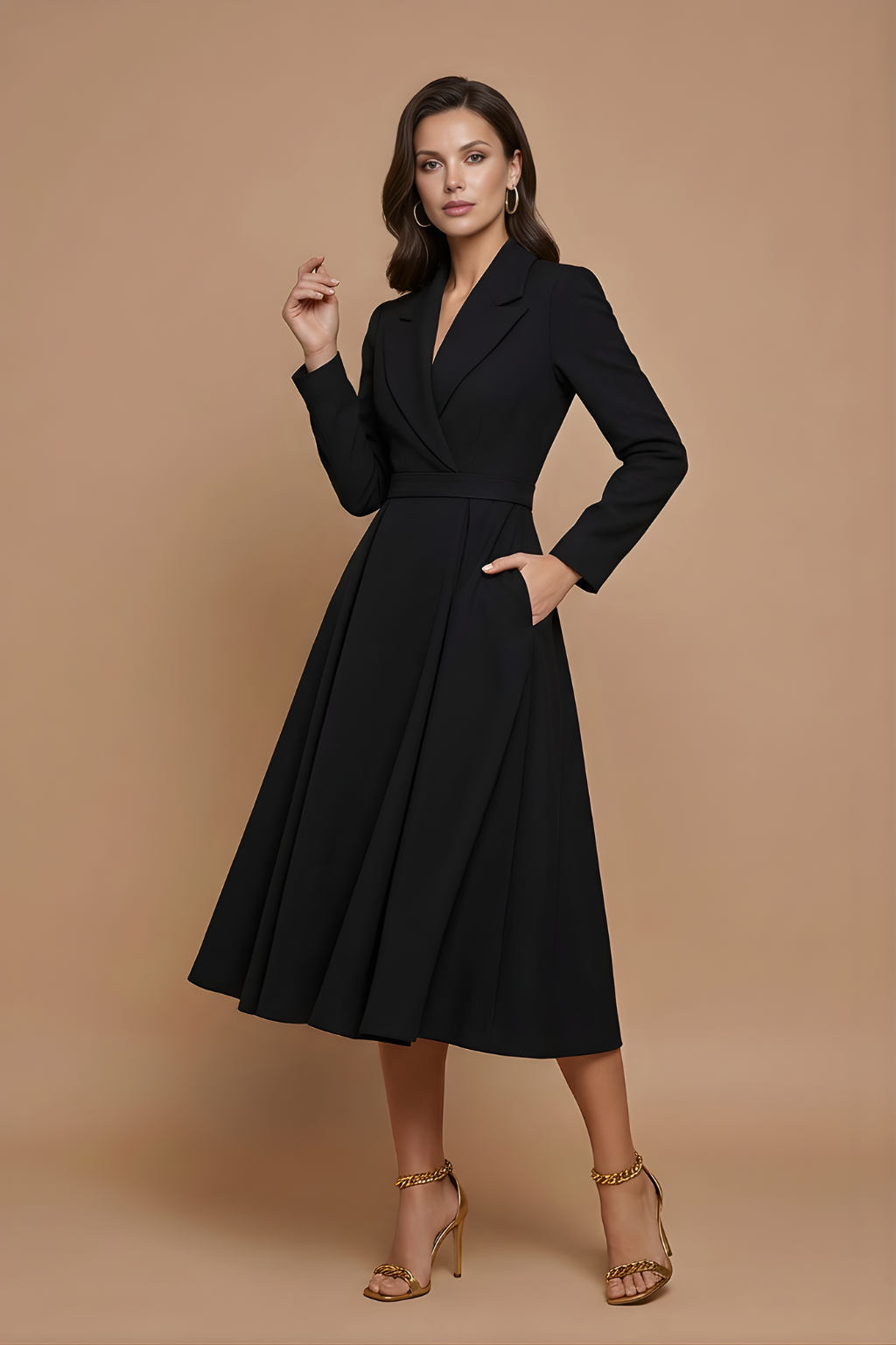 Women's Wrap V-Neck Midi Dress with Integrated Belt