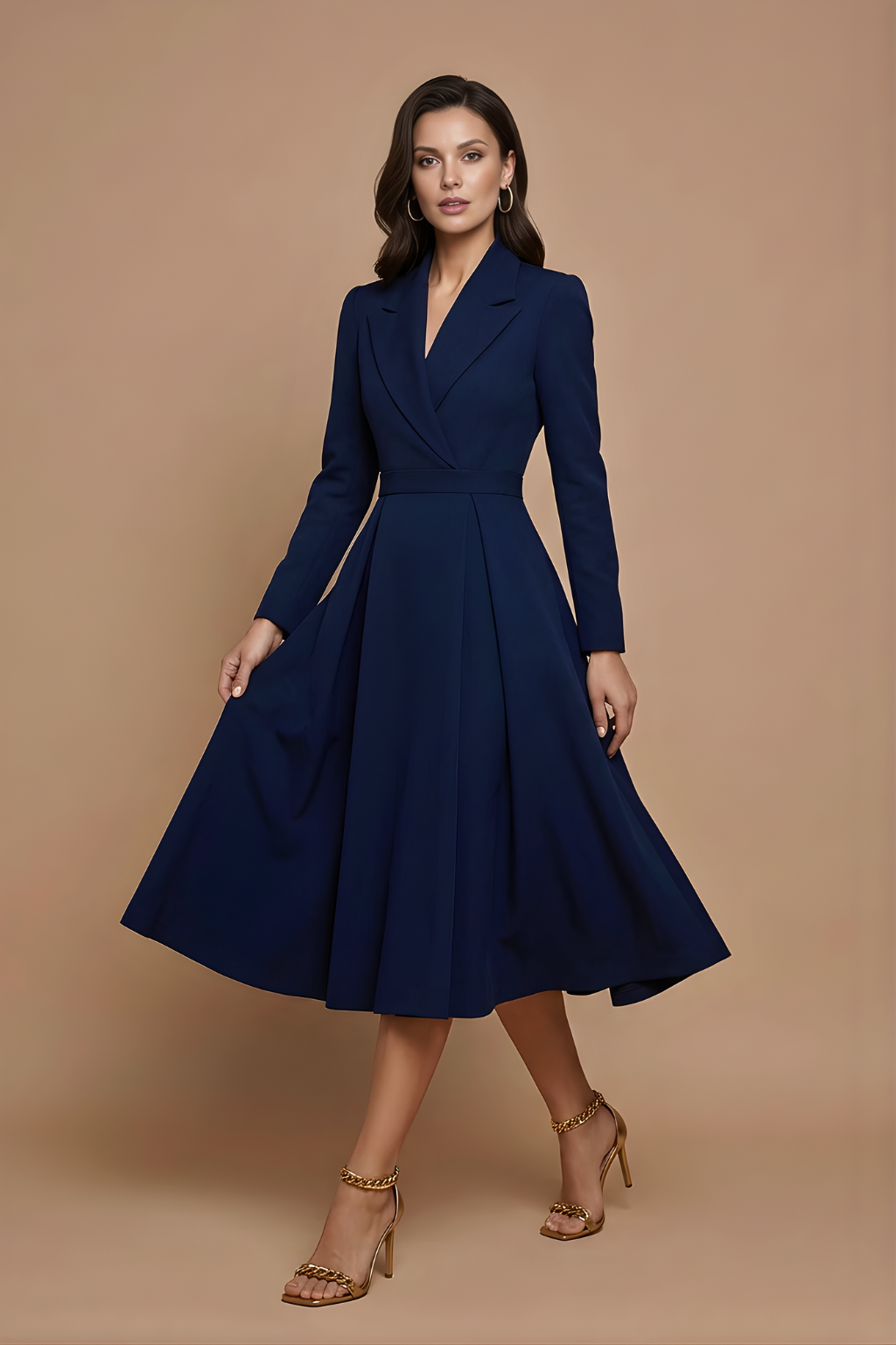 Women's Wrap V-Neck Midi Dress with Integrated Belt