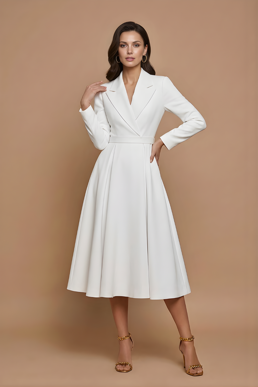 Women's Wrap V-Neck Midi Dress with Integrated Belt