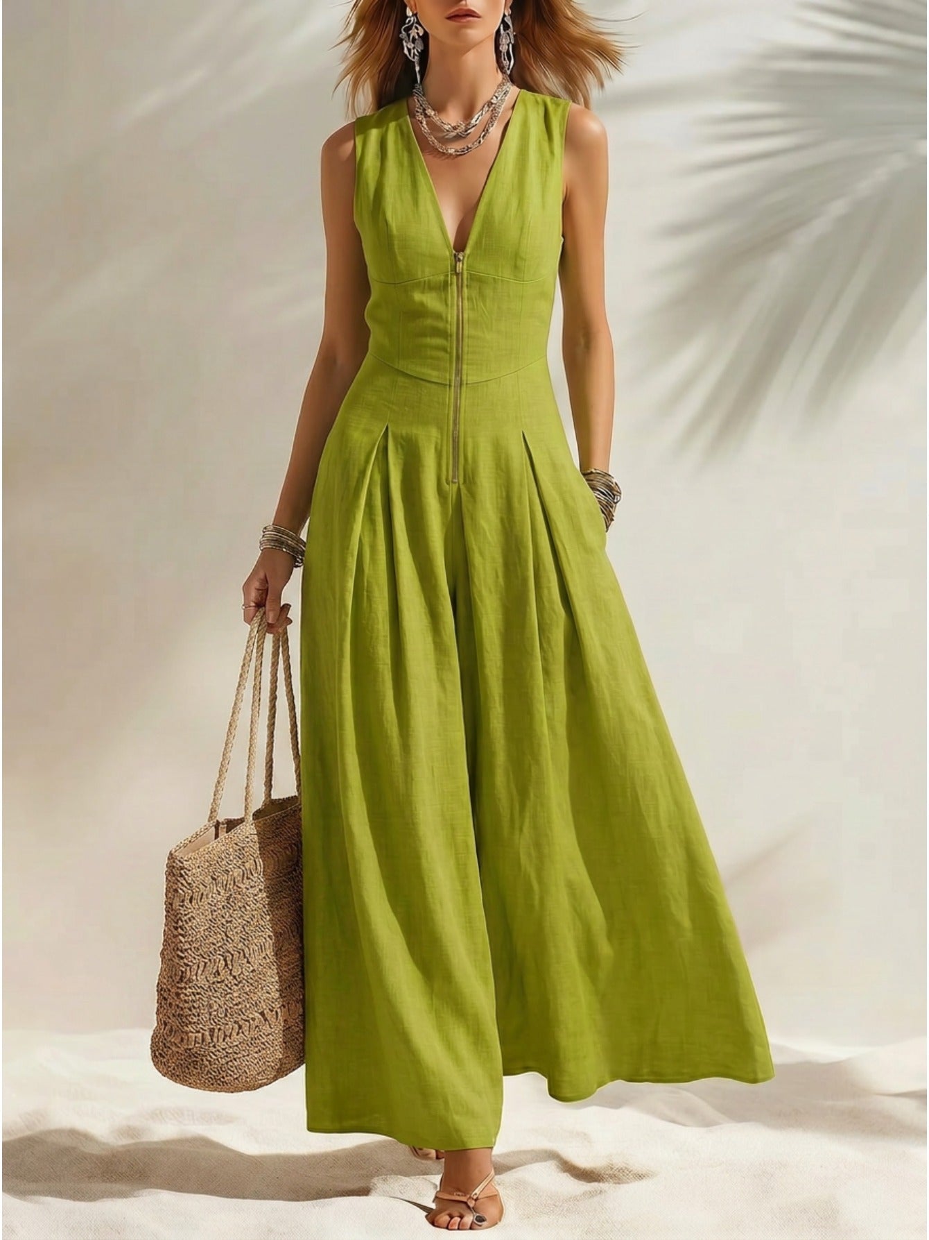 Women's V-Neck Sleeveless Linen Maxi Dress