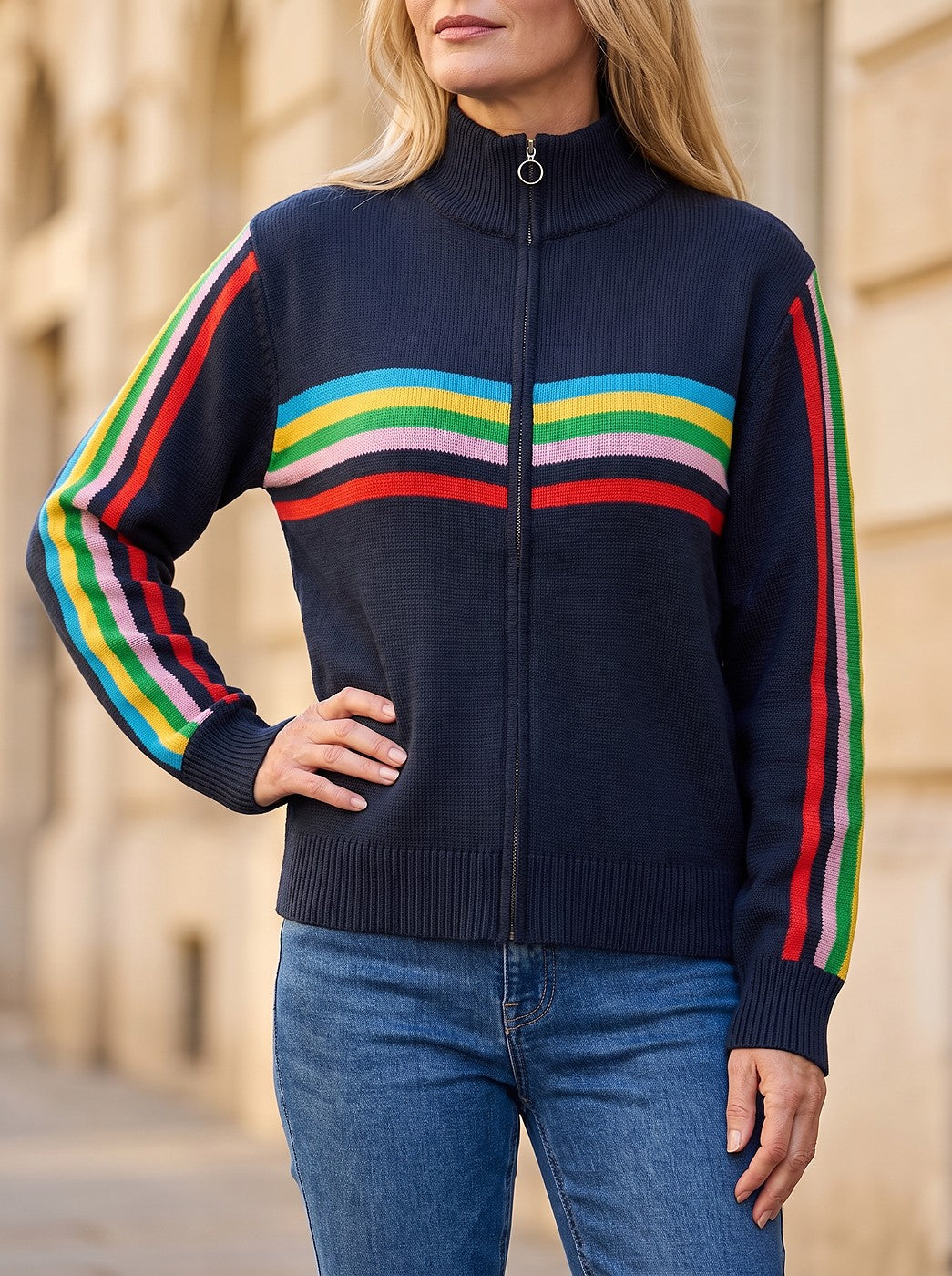 Women's Striped Mock Neck Zip Knit Jacket