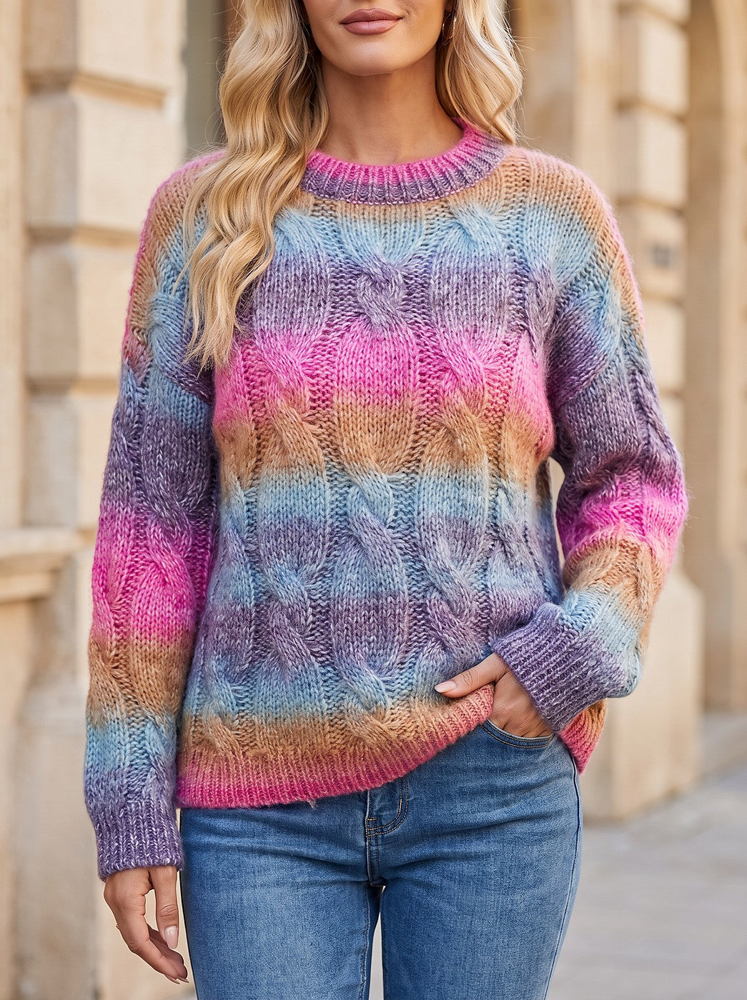 Women's Ombre Cable Knit Balloon Sleeve Sweater