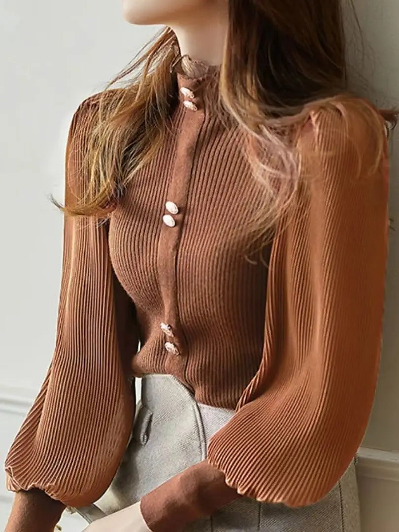 Women's Ruffle Mock Neck Pleated Sleeve Blouse