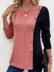 Women's Color Block Button Long Sleeve Top