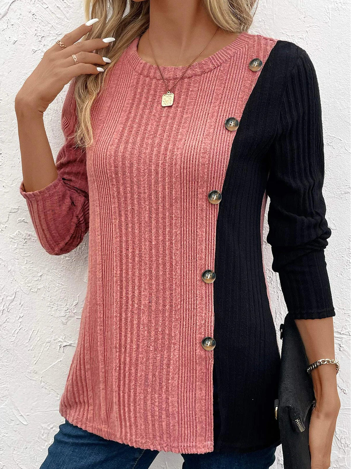 Women's Color Block Button Long Sleeve Top