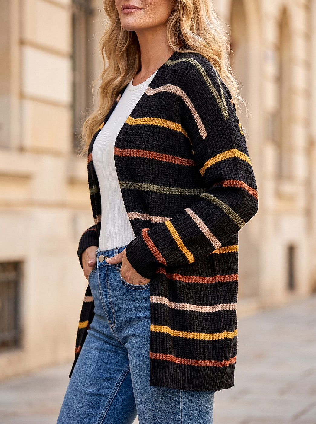 Women's Multi Stripe Open Front Longline Cardigan