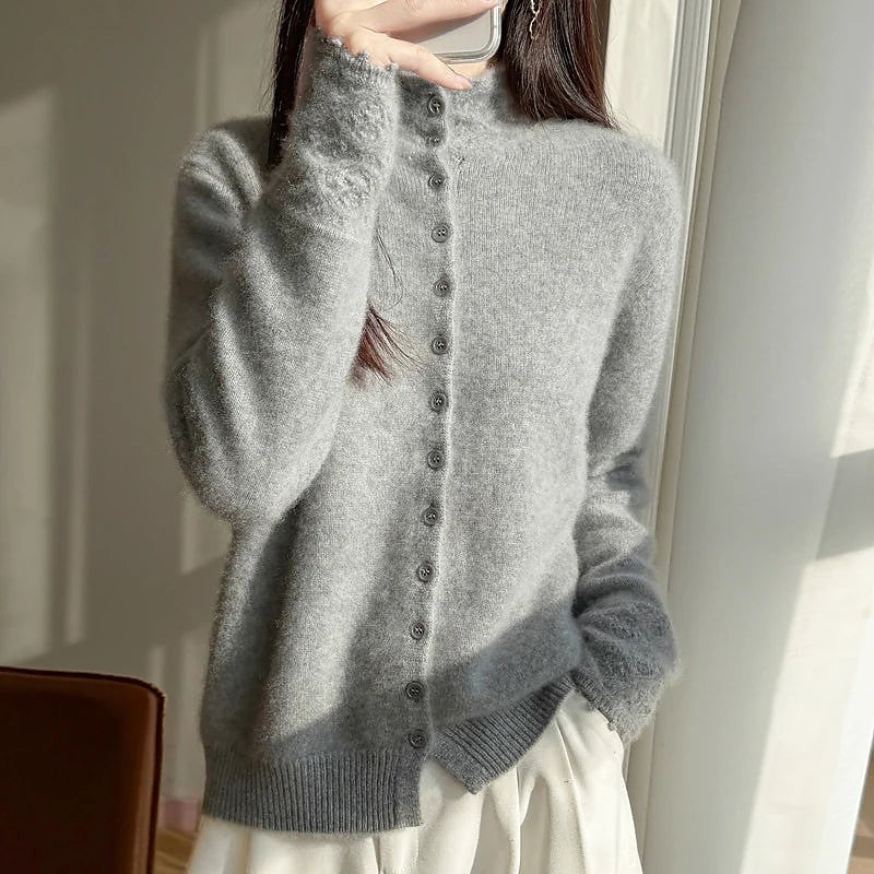 Women's Mohair Button Up Cardigan Mock Neck