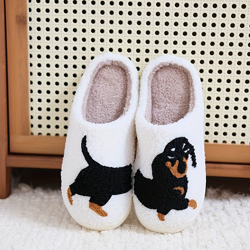 Women's Dog Embroidered Plush Slide Slippers