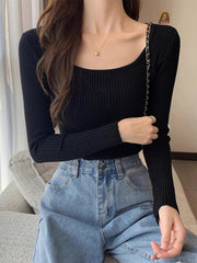 Women's Square Neck Ribbed Long Sleeve Top