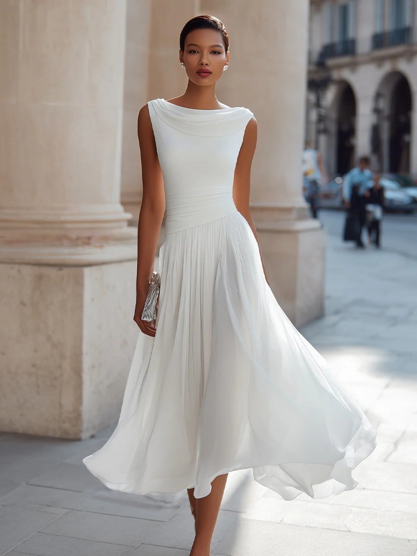 Women's Cowl Neck Pleated Flowy Midi Dress
