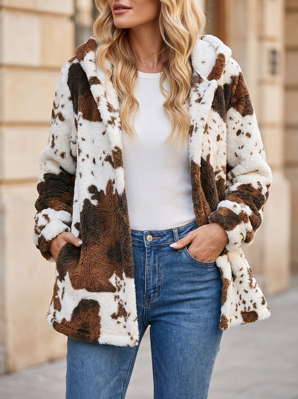 Women's Cow Print Sherpa Hooded Fleece Jacket