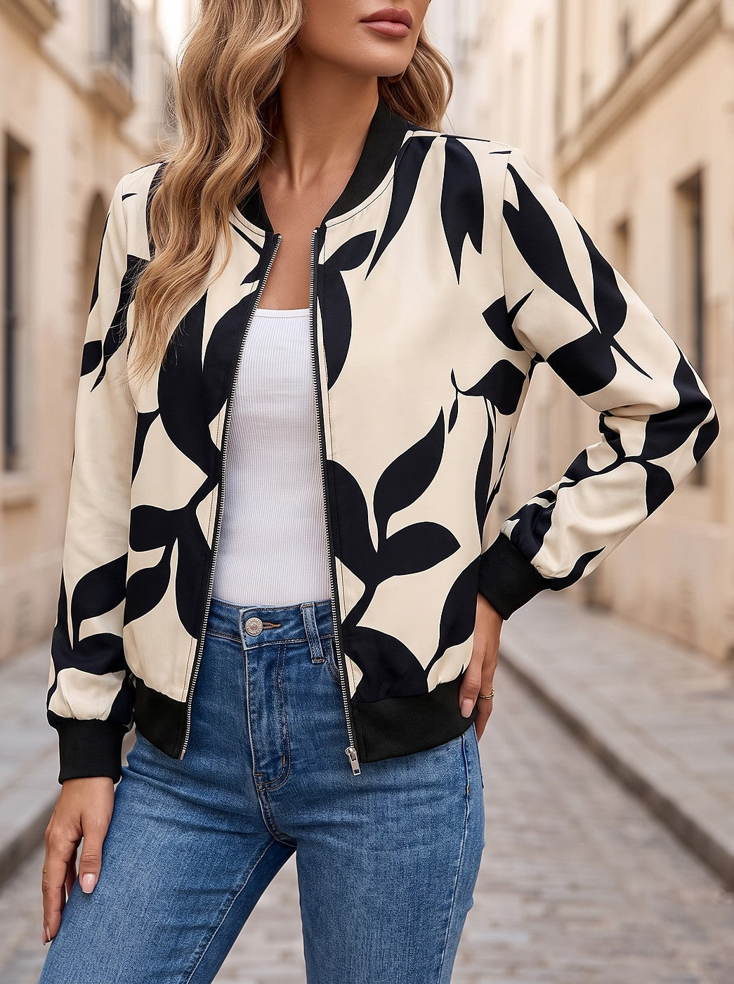 Women's Leaf Print Baseball Collar Bomber Jacket