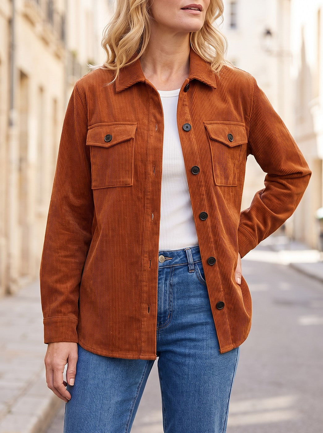Women's Corduroy Shirt Jacket with Chest Pockets