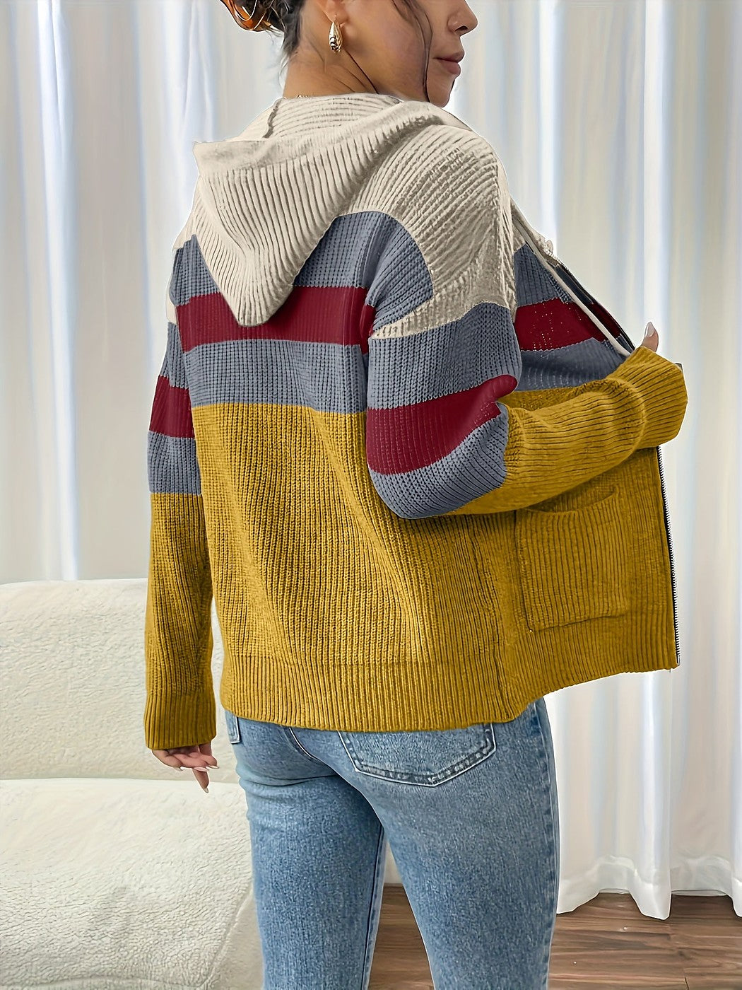 Women's Hooded Zip Up Knit Cardigan Jacket