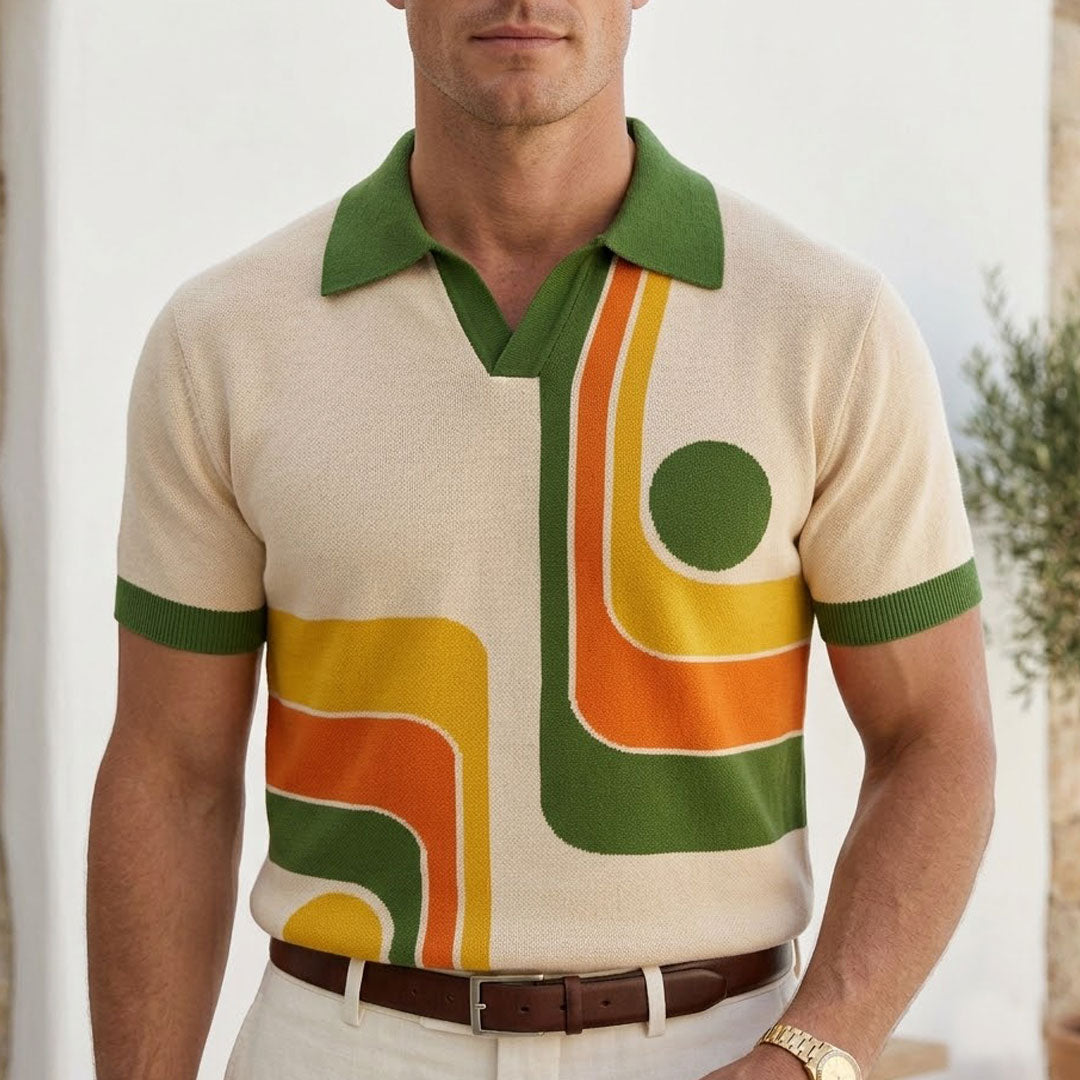 Men's Knit Polo Shirt with 70s Geometric Graphic